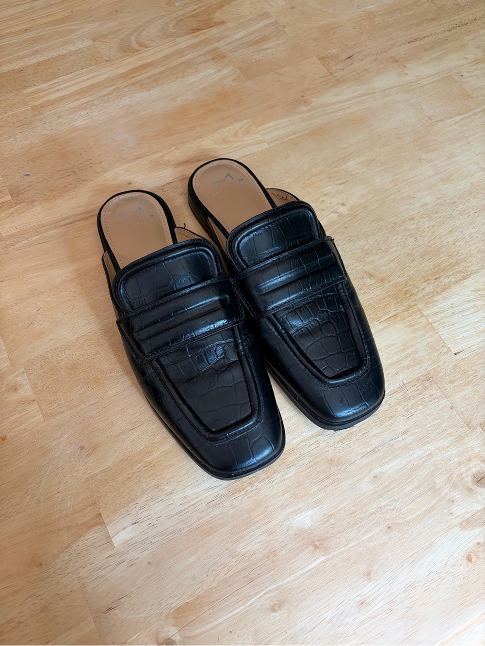 Marc Fisher Black Croc-Embossed Leather Slip-On Mules